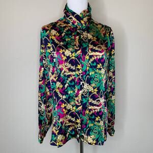 90s Rich Floral Regency Print Dark Blouse Sz 10 Christie & Jill